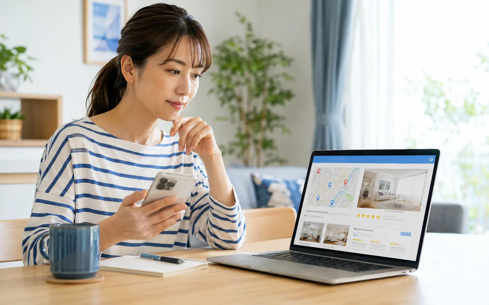 スマートフォンとパソコンで地図や口コミを比較するお客様